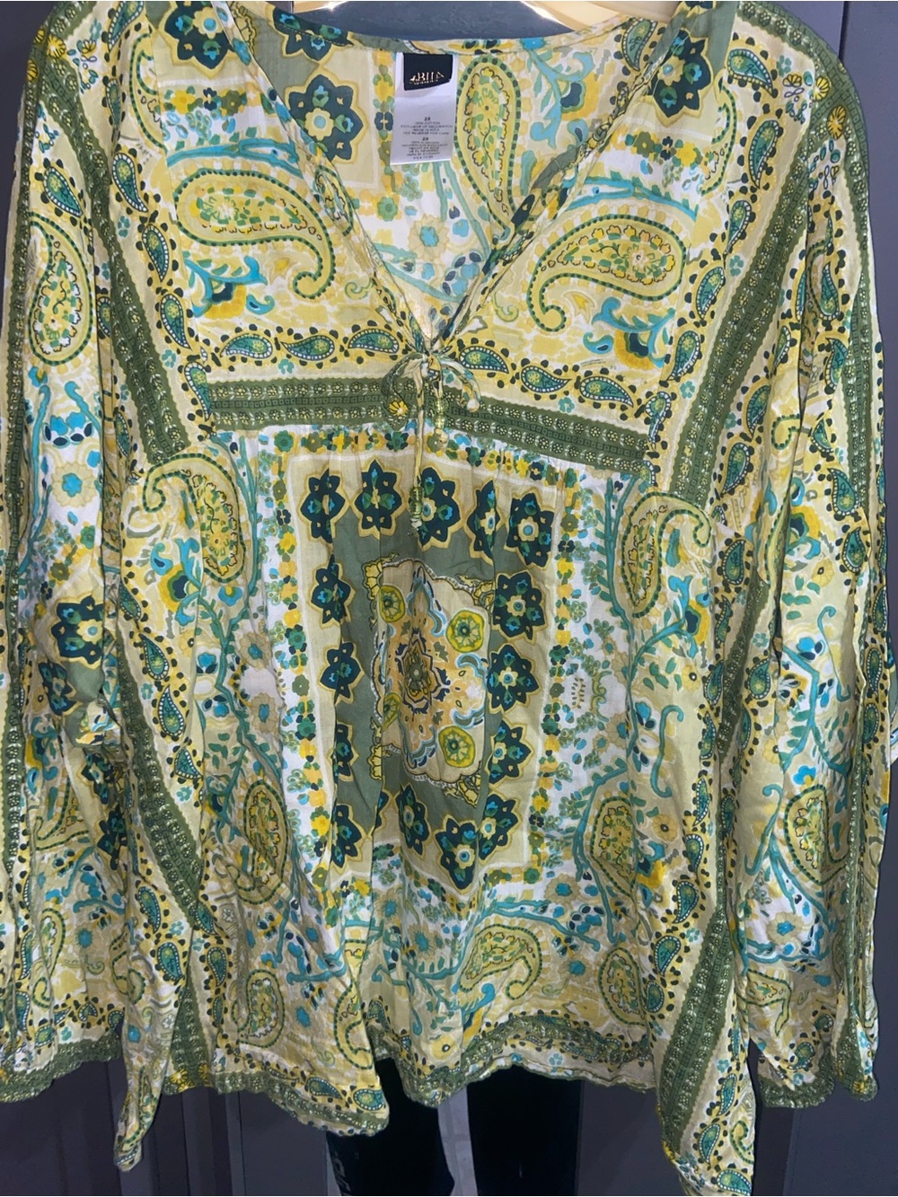 Bila Yellow & Green Paisley Cotton Tunic with Tie Neck